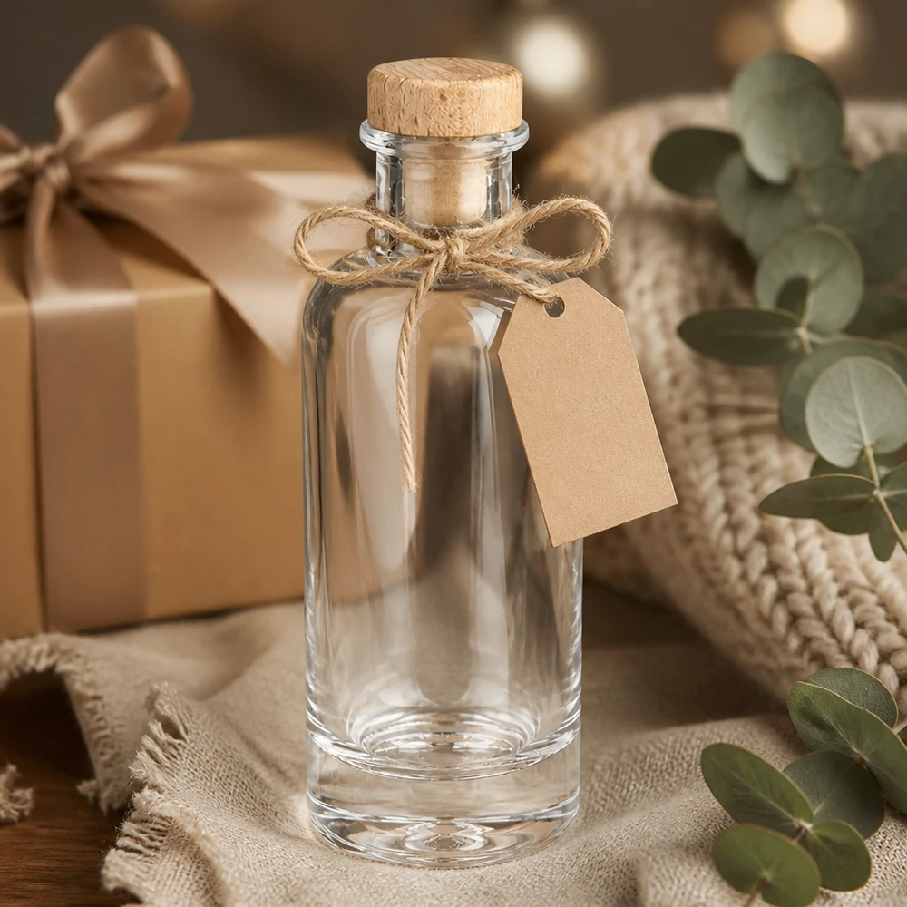 200 ml glazen fles Ella met houten handgreepkurk UNiTWIST® 200ml Glasflasche Ella leer mit Holzkorken und Geschenkanhänger dekorativ arrangiert mit Eukalyptus und Geschenkbox