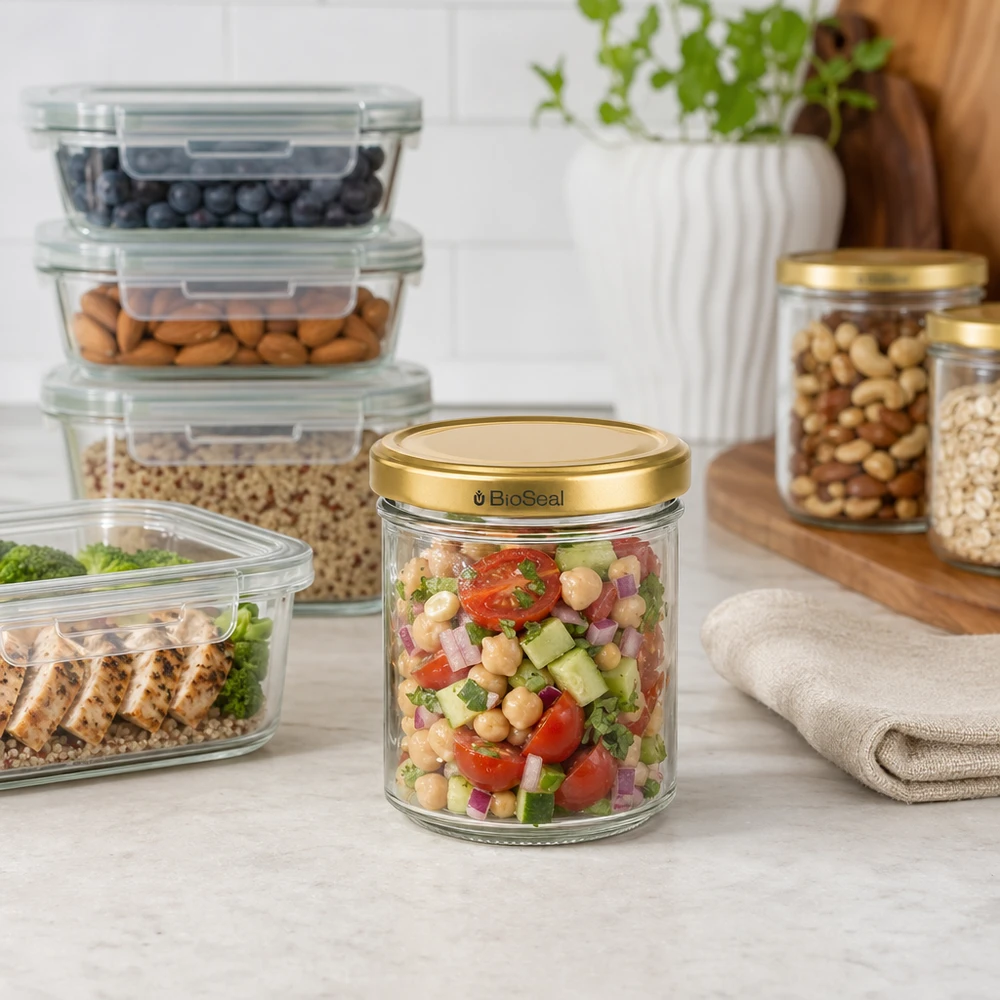 BioSeal 200g pot met gouden deksel gevuld met kikkererwtensalade in georganiseerde keuken met voorraadbakjes
