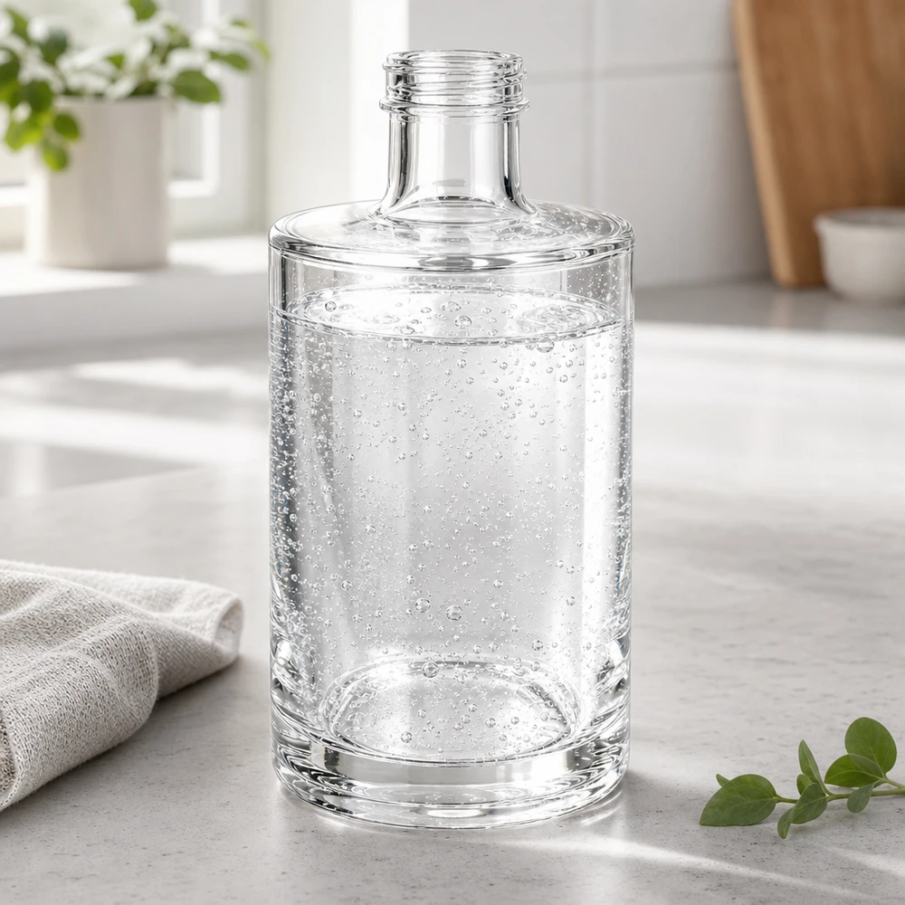 375 ml glazen fles Sam zonder schroefsluiting UNiTWIST® 375 ml glazen fles Sam gevuld met bruisend water op een lichtgekleurd keukenblad met keukenhanddoek en plant