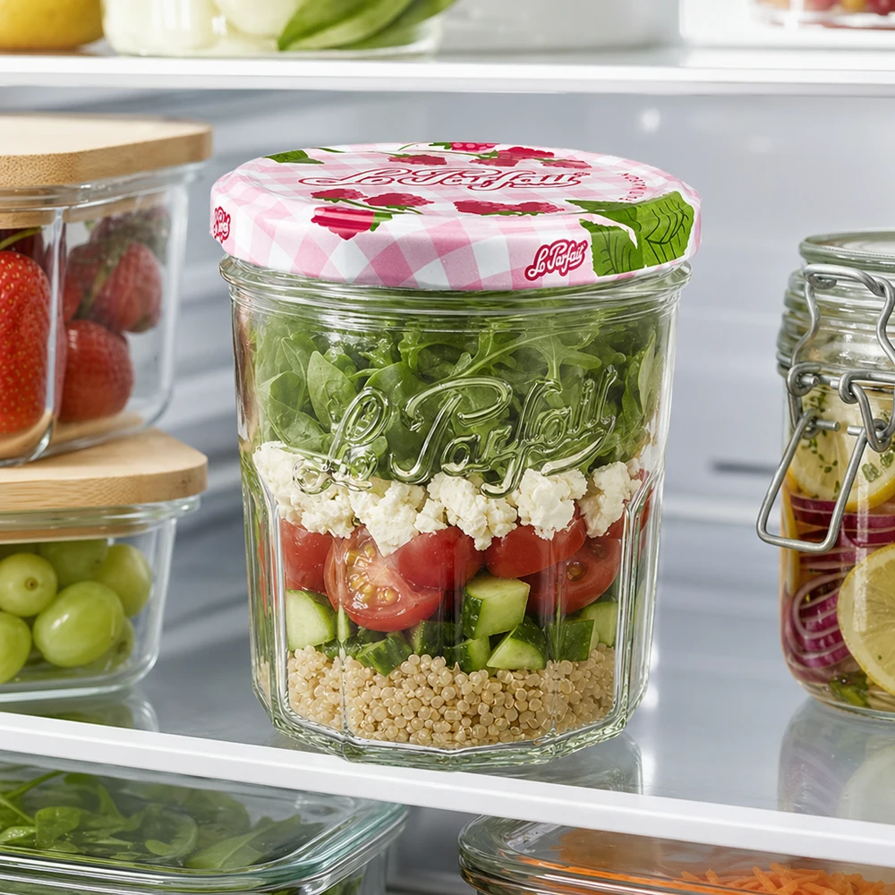 Le Parfait® Jam 324 ml Ø82 mm confituurpot 324 ml Le Parfait tumblers met gelaagde salade in de koelkast toont praktisch gebruik van de inmaakpot voor maaltijdbereiding