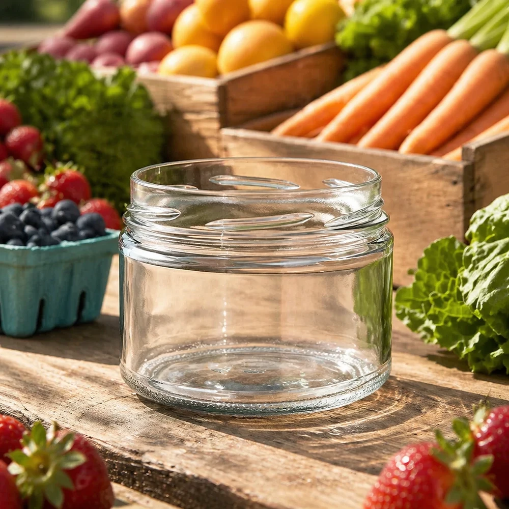 540ml rond glas zonder deksel (TO100) UNiTWIST Lege UNiTWIST Runda540 bekers 540ml TO100 op een houten tafel met vers fruit en groenten op de achtergrond