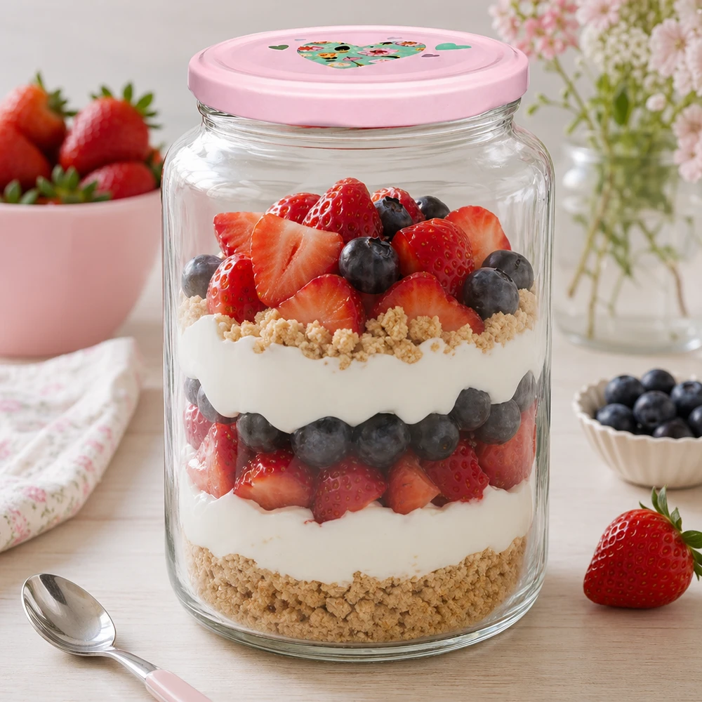 795 ml ronde pot + BasicSeal-deksel roze hart UNiTWIST Rundglas 795ml mit rosa Herzdeckel gefüllt mit Beeren-Schichtdessert Parfait Anwendungsbeispiel für Desserts und Süßspei