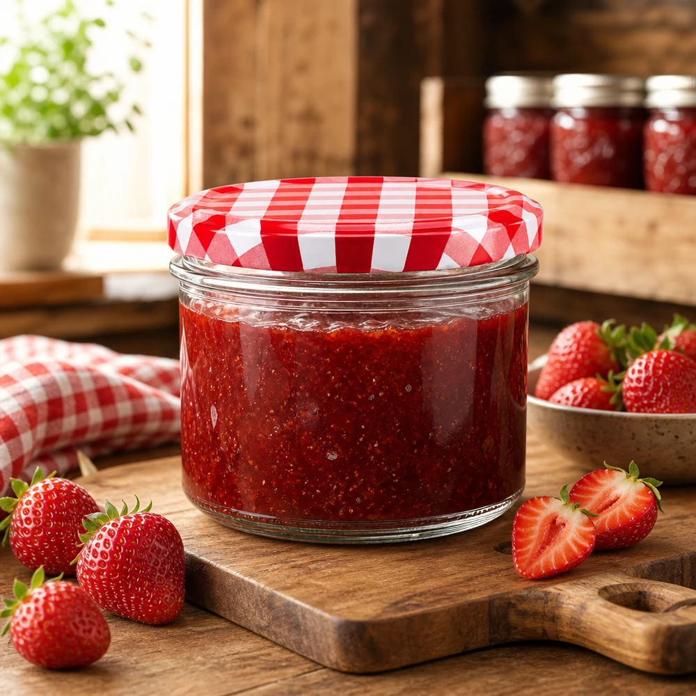 225ml bekers met BasicSeal deksel rood/wit UNiTWIST 225 ml pot met aardbeienjam en rood-wit geblokt deksel naast verse aardbeien op een houten plank