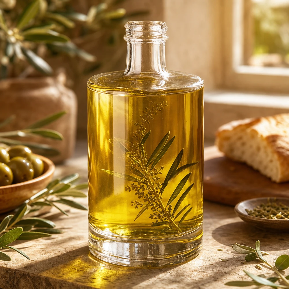 500 ml glazen fles Sam zonder schroefdop UNiTWIST® 500ml glazen fles Sam gevuld met olijfolie en kruiden Gebruiksvoorbeeld Mediterrane keuken Decoratie