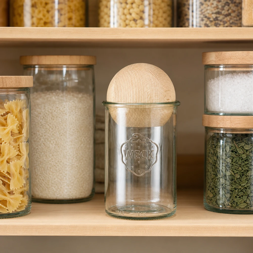 1000ml stortglas WECK RR100 met houten bal WECK Vorratsglas 1000ml RR100 mit Buchenkugel in moderner Küche zwischen Pasta, Reis und Gewürzen zur stilvollen Aufbewa