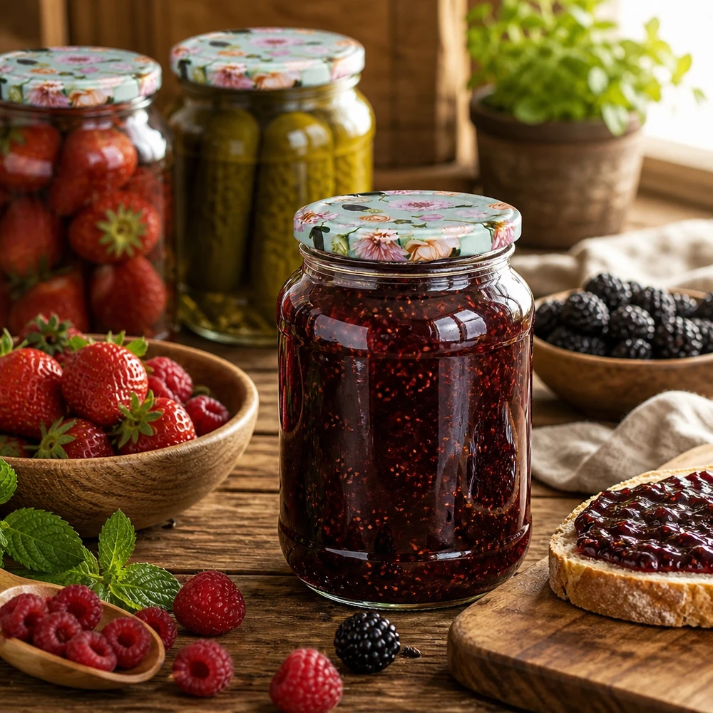 Ronde pot 1062ml met bloemdeksel gevuld met jam naast verse bessen rustieke keuken decoratie