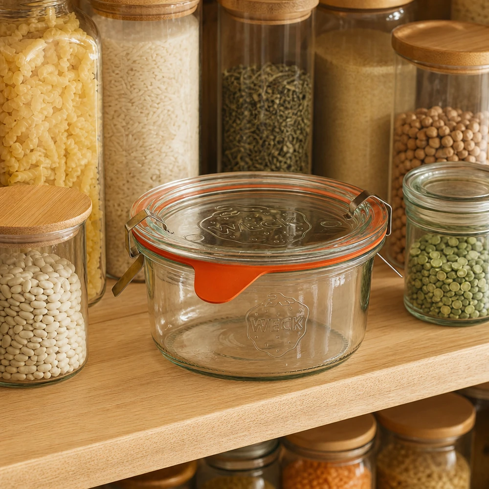165ml stortglas compleet WECK RR80 WECK 165ml RR80 mason jar in georganiseerde voorraadkast tussen inmaakpotten met rijst, linzen en kruiden
