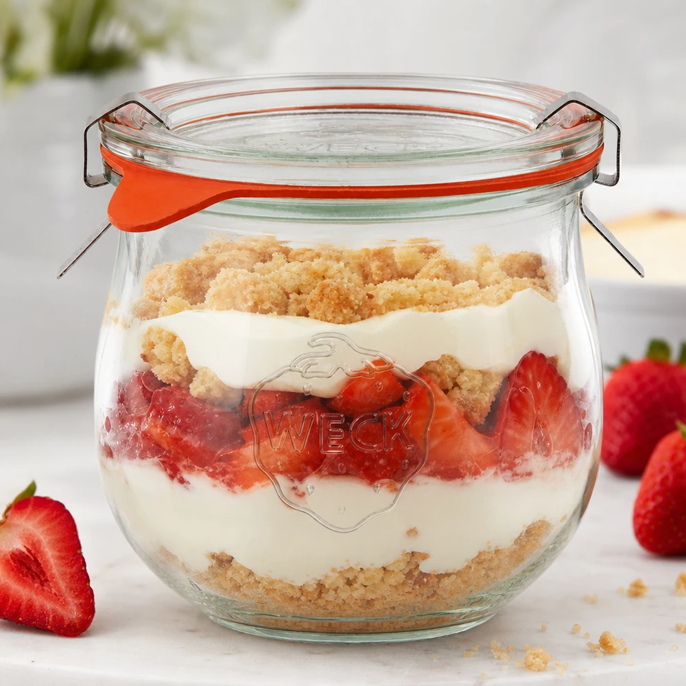 370ml tulpenglas compleet WECK RR80 WECK tulp pot 370ml RR80 als dessert pot gevuld met aardbeien en hagelslag naast vers fruit