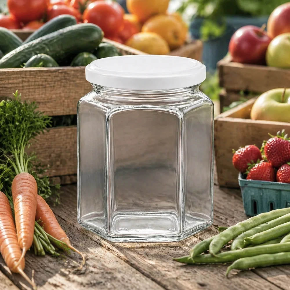Honingpot 400 g met witte deksel BasicSeal UNiTWIST Honingpot 400g zeshoekig leeg met wit deksel tussen verse groenten en fruit op houten tafel in landhuisstijl