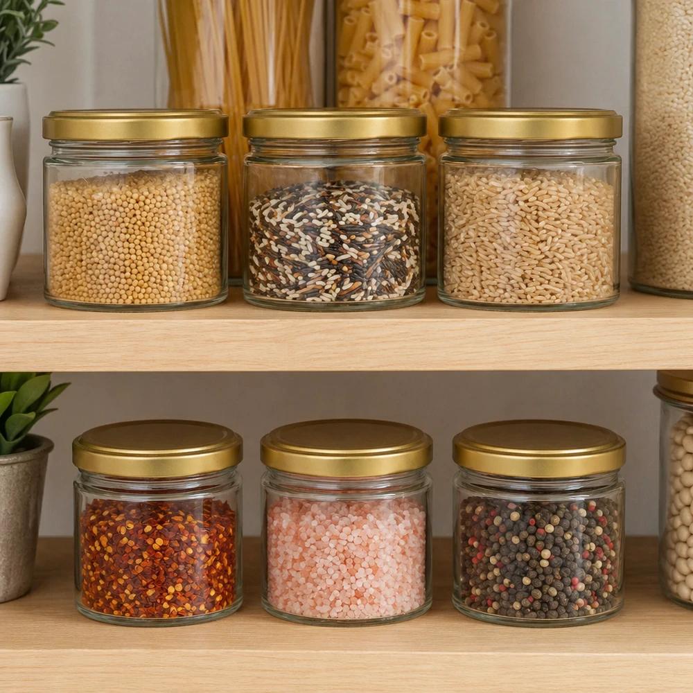 Honingpot 700 g met gouden deksel BasicSeal UNiTWIST 700g BasicSeal honingpot met gouden deksel op keukenplank voor het bewaren van kruiden en voedingsmiddelen