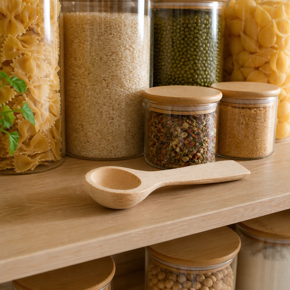 Houten schep maat S lepelvorm - 77mm lang Houten schep S in voorraadkast keuken met pasta rijst linzen kruiden georganiseerde opslag duurzame keuken gadget
