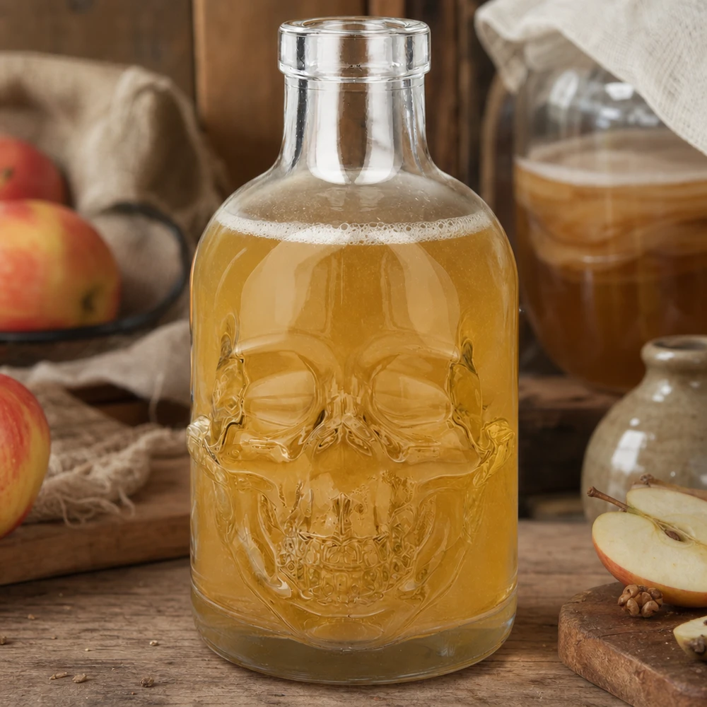 200 ml glazen fles Jack zonder sluiting UNiTWIST® Totenkopf Glasflasche Jack 200ml mit Apfelsaft befüllt umgeben von frischen Äpfeln rustikales Küchen Ambiente UNiTWIST