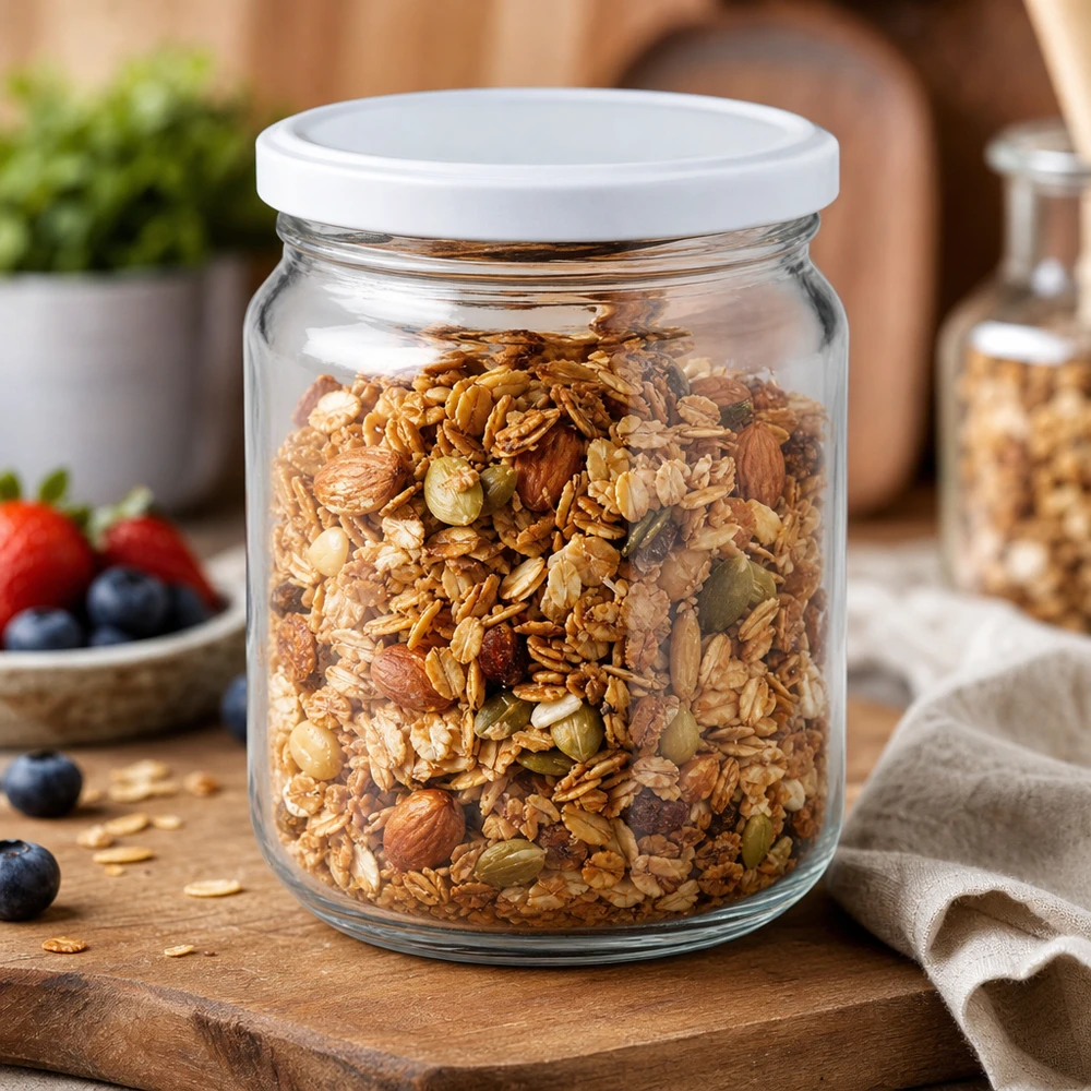 212 ml ronde pot met BasicSeal deksel wit UNiTWIST 212ml UNiTWIST ronde pot met BasicSeal deksel gevuld met muesli noten zaden granola voorraadpot Keukenaccessoires