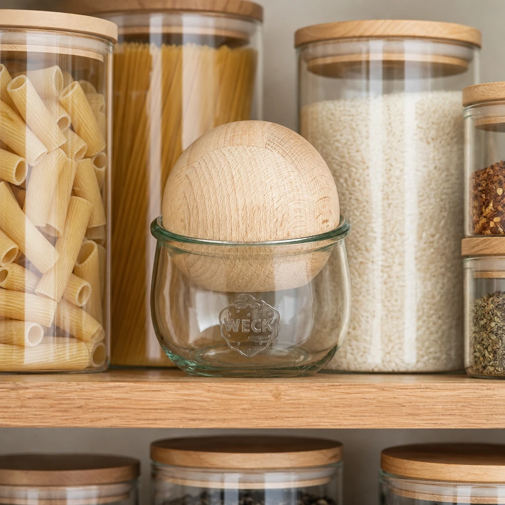 580ml tulpenglas WECK RR100 met houten bal WECK tulpenpot 580ml RR100 met beukenhouten bol in georganiseerde voorraadkeuken tussen voorraadpotten voor pasta en rijst