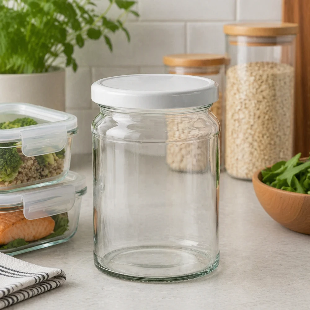 205ml rond glas met BasicSeal deksel wit UNiTWIST 205 ml ronde pot met wit deksel in een moderne keuken - voorraadpot tussen voorraadbakjes en keukengerei