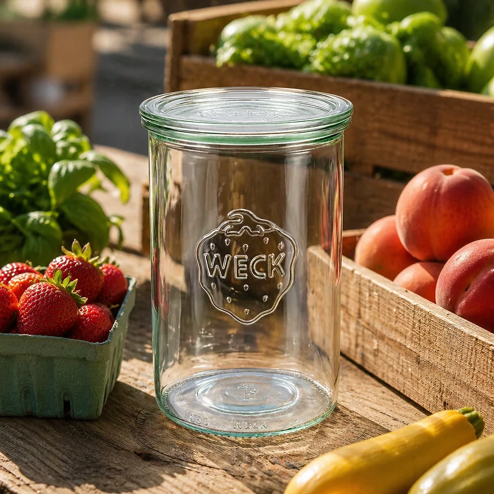1000ml stortglas met glazen deksel WECK RR100 WECK bekers 1000ml RR100 leeg buiten op een houten tafel omringd door vers fruit en groenten in houten kratten