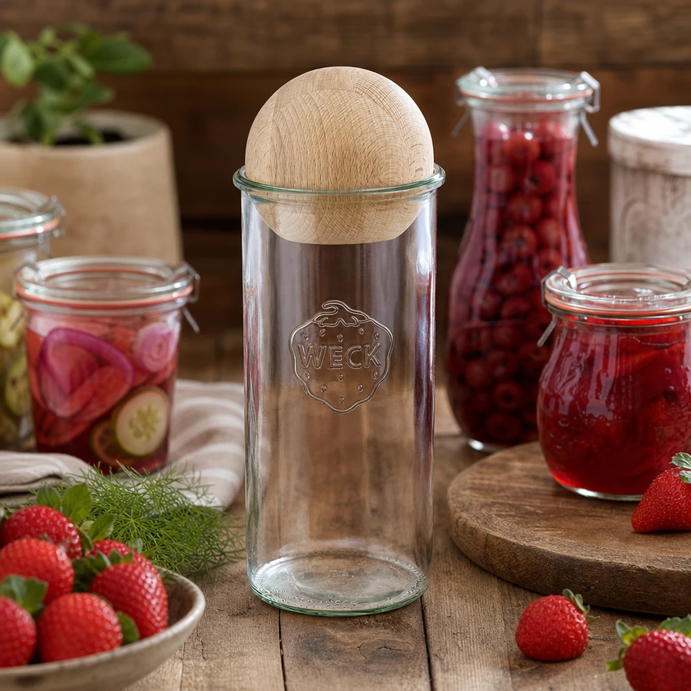 1500ml stortglas WECK RR100 met houten bal WECK RR100 bekers van 1500 ml decoratief gerangschikt met jampotten en verse aardbeien op een houten tafel