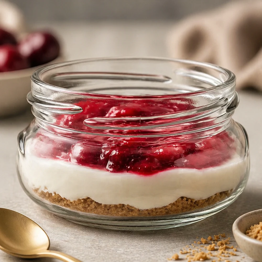 UNiTWIST Terrina120 terrineglas 120ml gevuld met dessert - rode fruitlaag op witte room en biscuitbodem