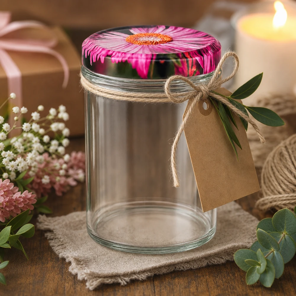 350ml bekers met BasicSeal deksel Bloemen decor UNiTWIST Decoratieve inmaakpot van 350 ml met bloemendeksel als cadeau-idee met jute koordhanger en bloemdecoratie