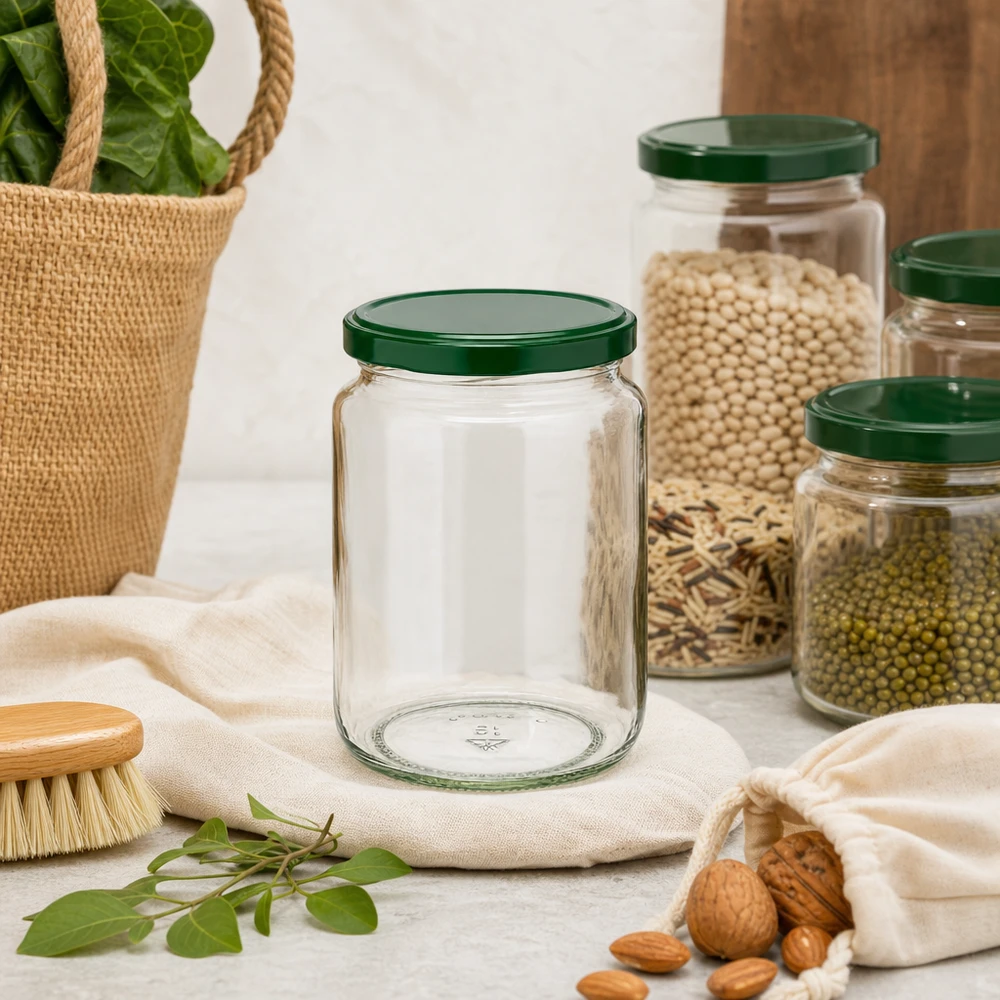 795ml rond glas met BasicSeal deksel groen UNiTWIST 795ml Rundglas UNiTWIST mit grünem Deckel in nachhaltiger Zero-Waste-Küche neben Nüssen und Hülsenfrüchten
