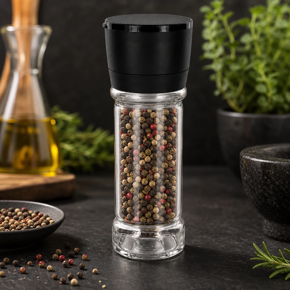 Kruidenpotje van 100 ml met zwarte molen, gevuld met kleurrijke peperkorrels op een donkere ondergrond