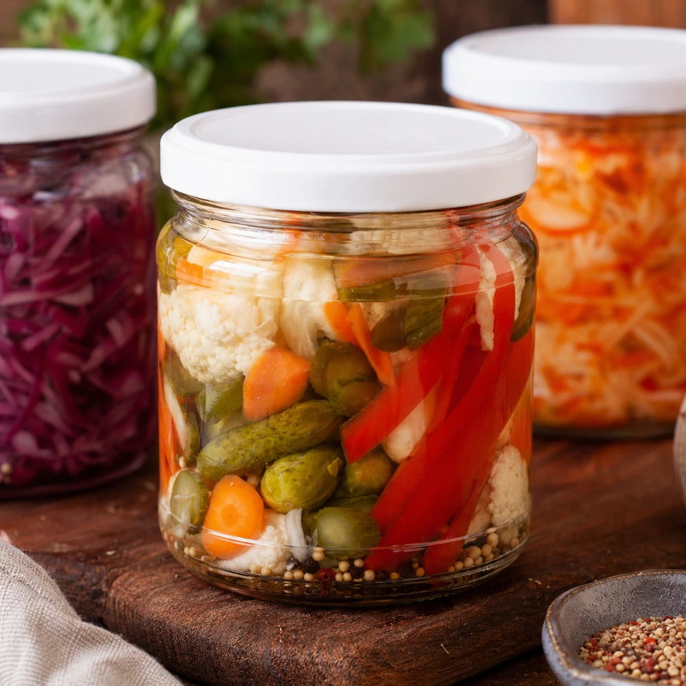 212ml rond glas met BasicSeal deksel wit UNiTWIST 212 ml ronde pot met BasicSeal deksel gevuld met ingemaakte groenten - komkommers, paprika, bloemkool en kruiden