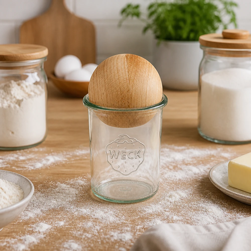 160ml stortglas WECK RR60 met houten bal WECK RR60 trommels van 160 ml met beukenhouten bolstop, geplaatst tussen bloempotten en bakingrediënten in de bakkerijkeuken