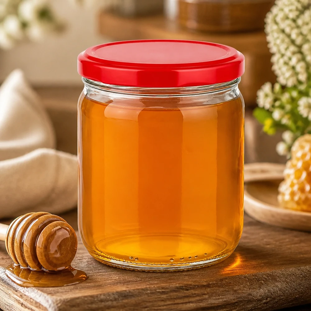 425 ml ronde pot met rood BasicSeal deksel gevuld met honing - UNiTWIST inmaakpot met honinglepel op houten tafel