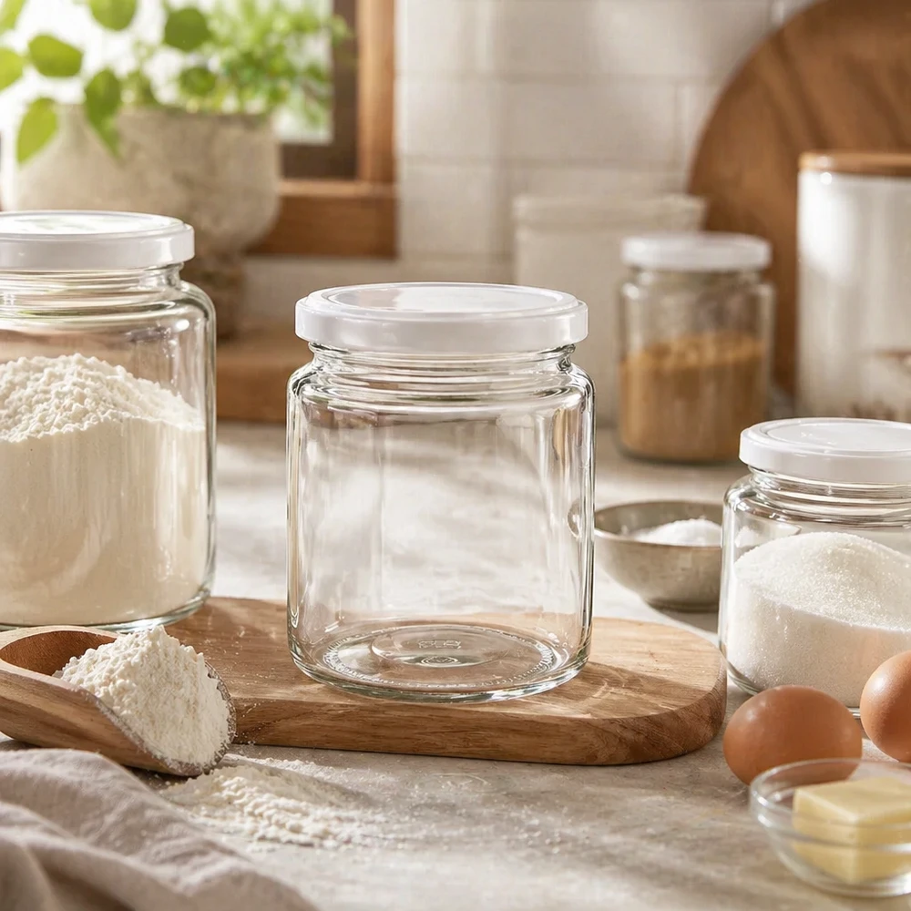 Honingpot 350 g met witte BasicSeal UNiTWIST-deksel Lege 250ml honingpot met wit BasicSeal deksel op houten plank in rustieke keuken tussen voorraadpotten
