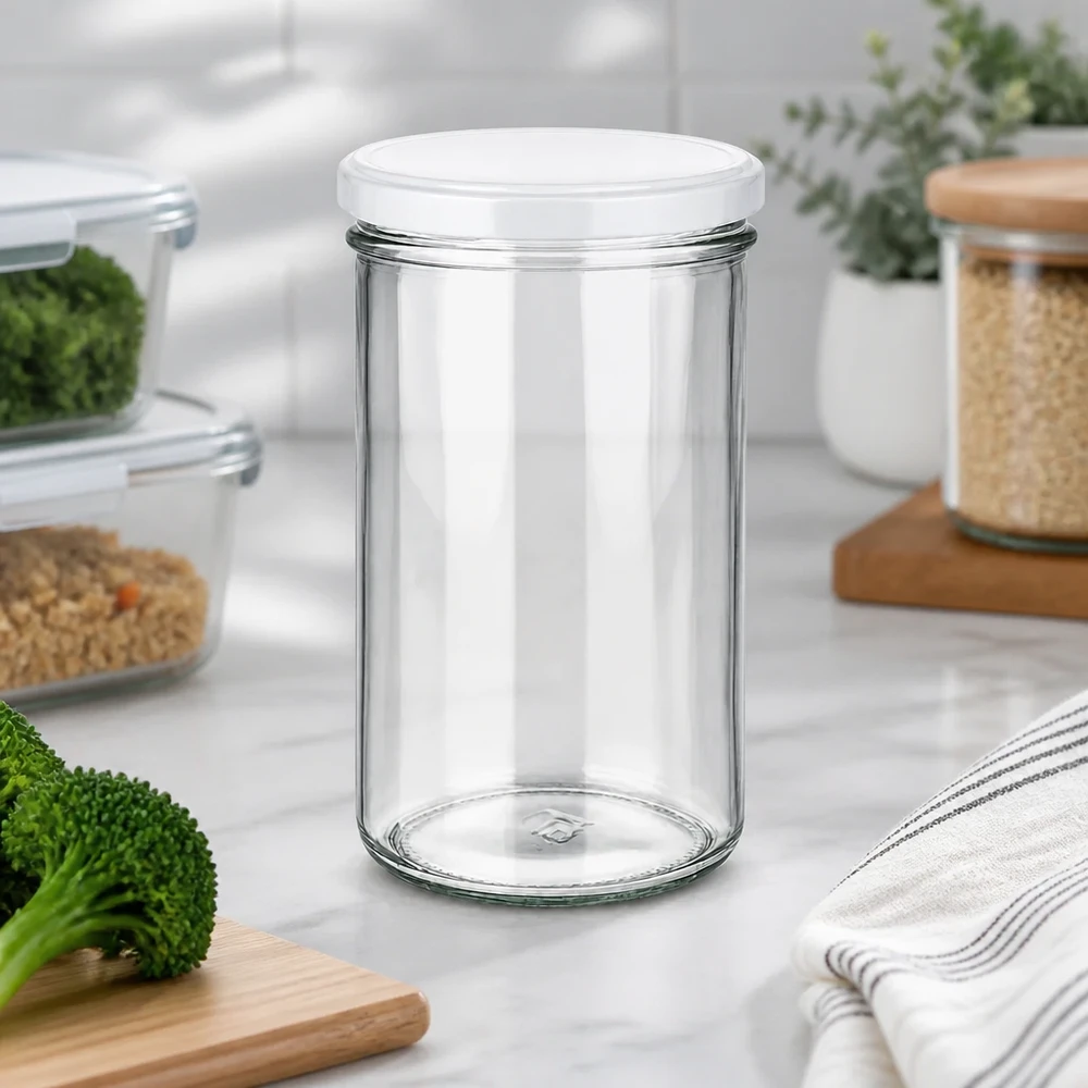 277ml bekers met BasicSeal deksel wit UNiTWIST 277ml Einmachglas in moderner Küchenumgebung mit Gemüse und Vorratsgläsern - vielseitig für Meal Prep und Aufbewahrung