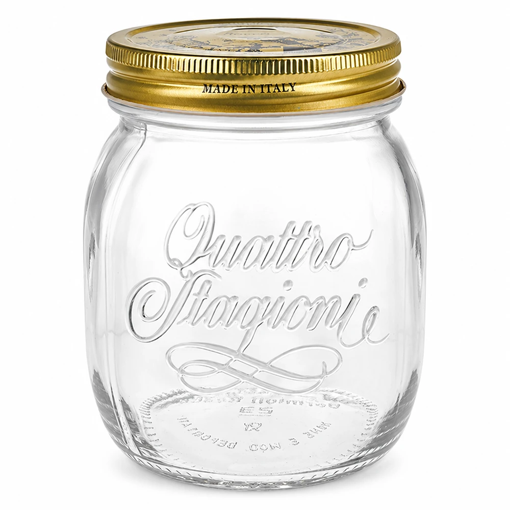 700 ml rond glas "Quattro Stagioni" met deksel 700ml ronde pot Quattro Stagioni met gouden deksel Made in Italy inmaakpot Italiaans design leeg