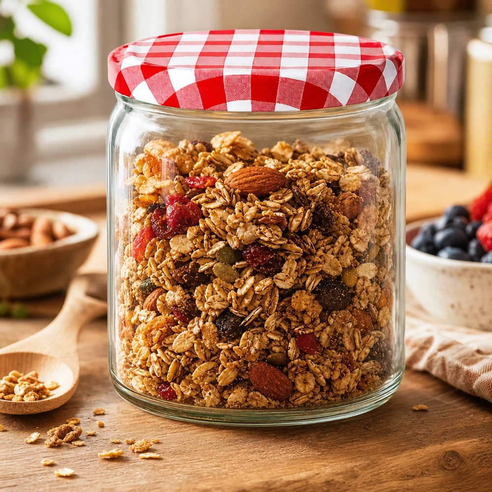 408ml rond glas met BasicSeal deksel rood/wit UNiTWIST 408ml ronde pot gevuld met muesli granola noten cranberry's BasicSeal deksel rood wit geblokt ontbijt voorraadpotje