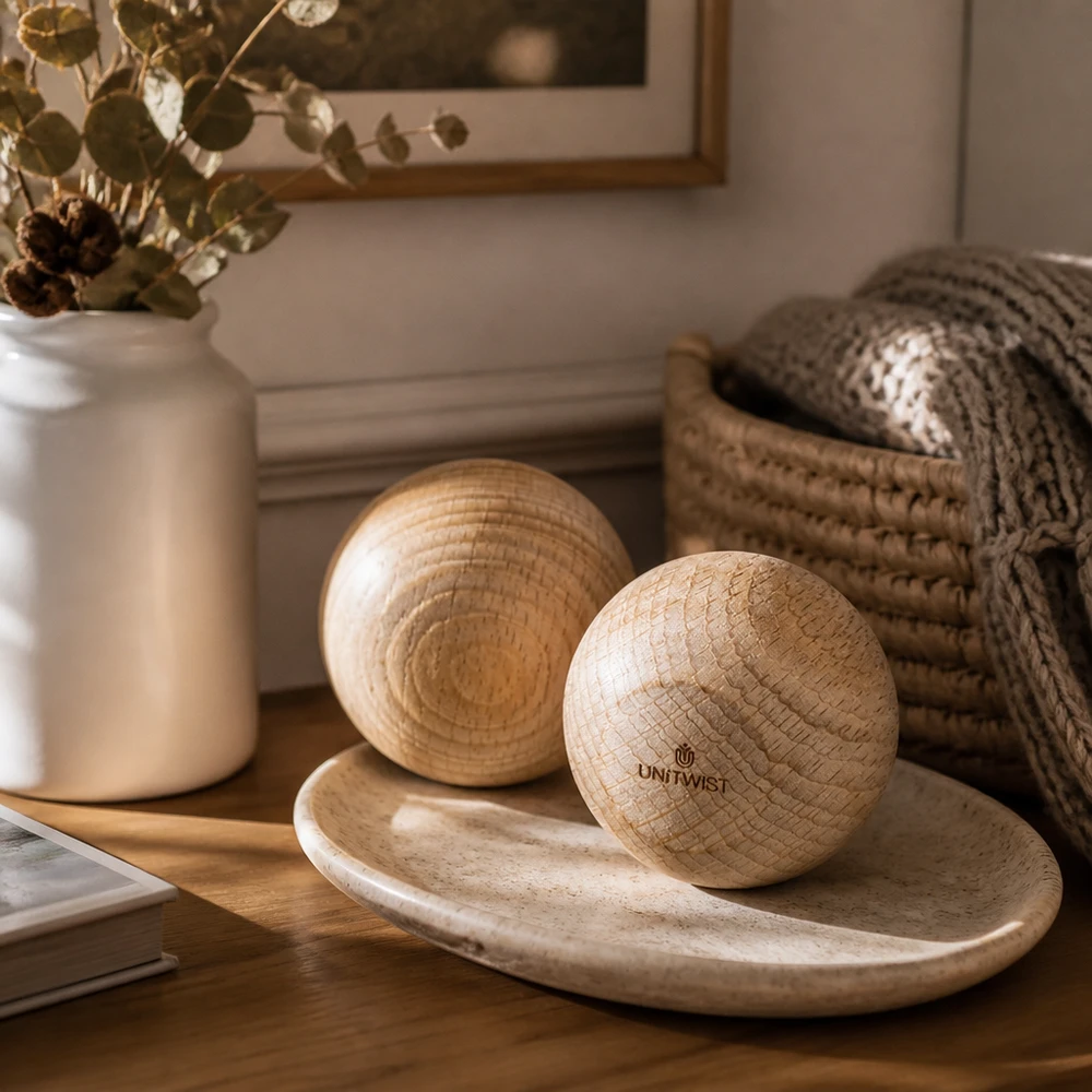 UNiTWIST Houten bal WECK RR60 UNiTWIST houten bal beuken WECK RR60 op houten schaal decoratief gerangschikt met keramische vaas en gebreide stof woonaccessoire