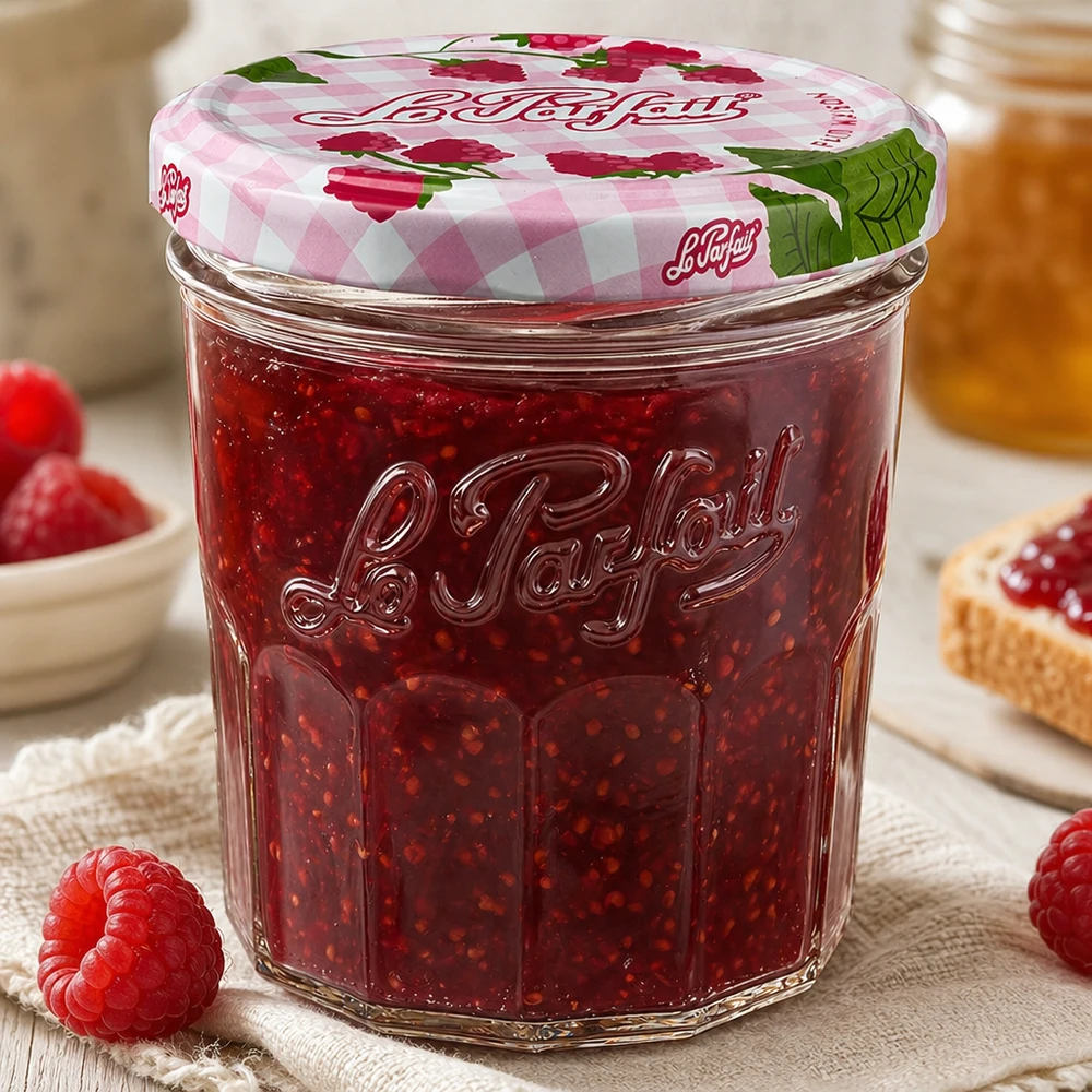 Le Parfait® Jam 324 ml Ø82 mm confituurpot Gefülltes 324ml Le Parfait Sturzglas mit Himbeermarmelade und dekorativem Schraubdeckel in gemütlicher Küche