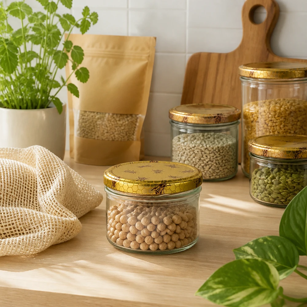 225ml bekers met BasicSeal deksel Honingraat UNiTWIST 225ml glazen potten set honingraat deksels gevuld met peulvruchten granen voorraadpotten keuken zero waste opslag