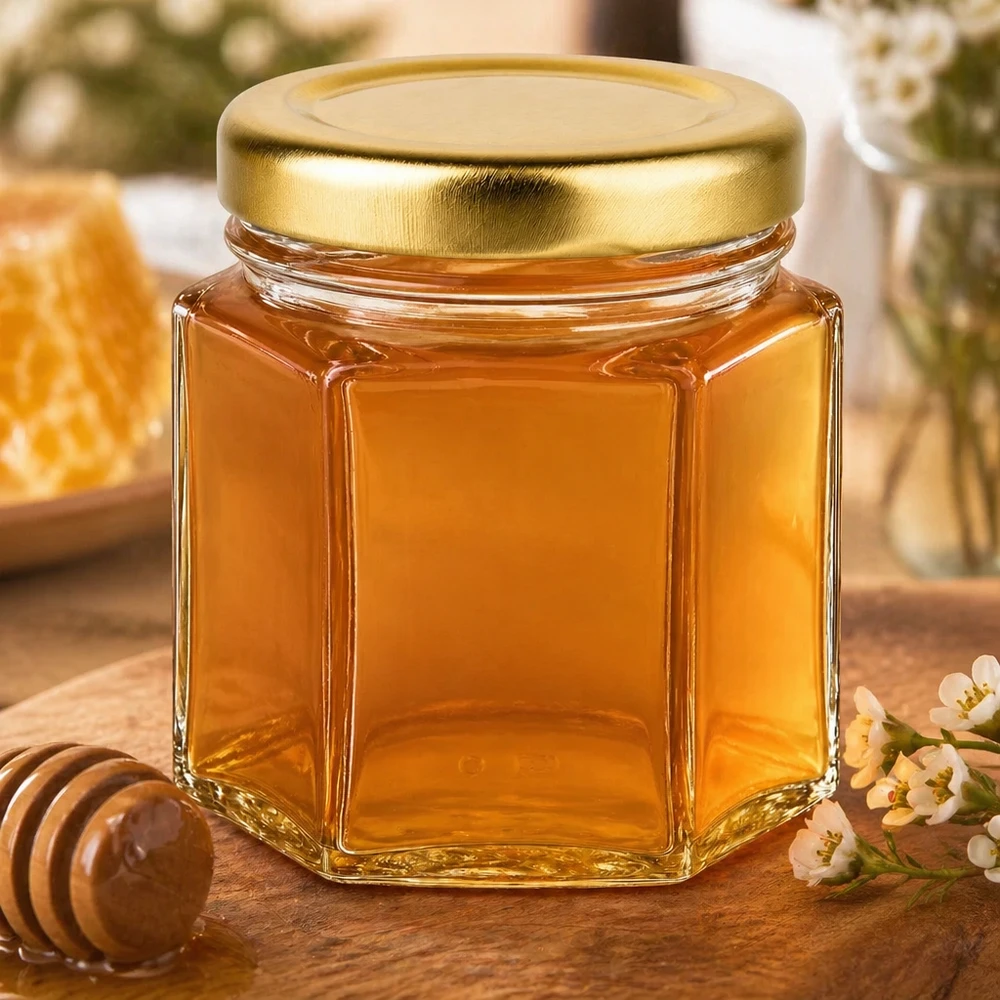 Honingpot 60 g met gouden deksel BasicSeal UNiTWIST 60g Honigglas gefüllt mit goldenem Honig neben Holzlöffel und Blüten auf rustikalem Holztisch dekoriert