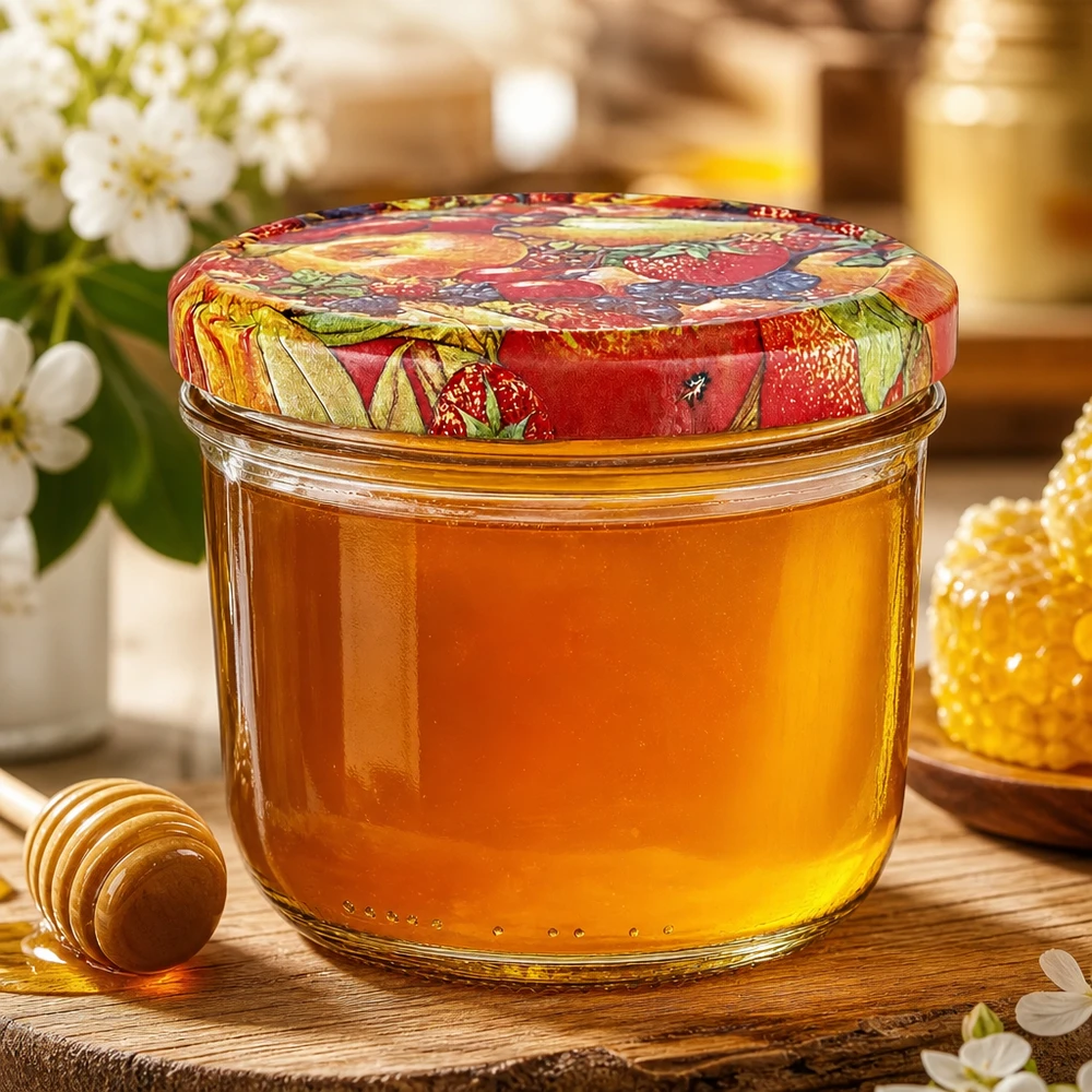 230 ml bekers gevuld met honing en kleurrijke BasicSeal fruitdecor deksel naast honinglepel en honingraat