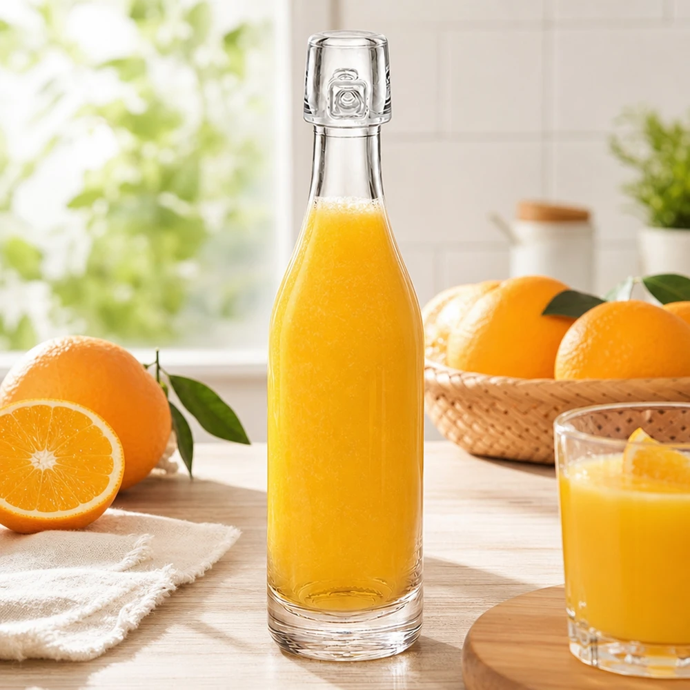 50ml glazen fles UNiTWIST gevuld met sinaasappelsap tussen verse sinaasappels helder keukenraamverlichting