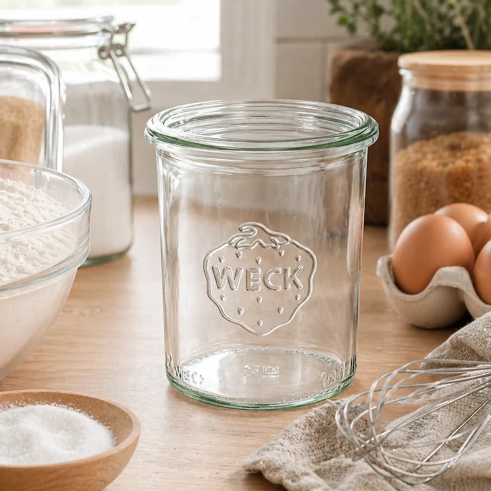 160ml stortglas WECK RR60 160ml WECK RR60 helder glazen pot met logo in een moderne keuken naast eieren en bakingrediënten