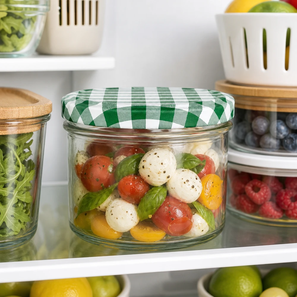 225ml bekers met BasicSeal deksel groen/wit UNiTWIST 225 ml glazen pot met groen en wit geruit deksel gevuld met Caprese salade in de koelkast tussen andere voorraadpotten