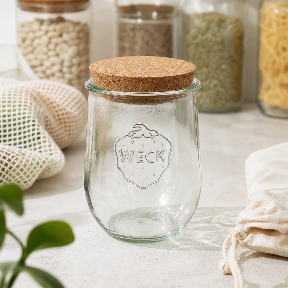 1062ml tulpenglas WECK RR100 met kurk WECK inmaakpot RR100 1062ml met kurkdeksel in duurzame zero-waste keuken tussen voorraadpotten