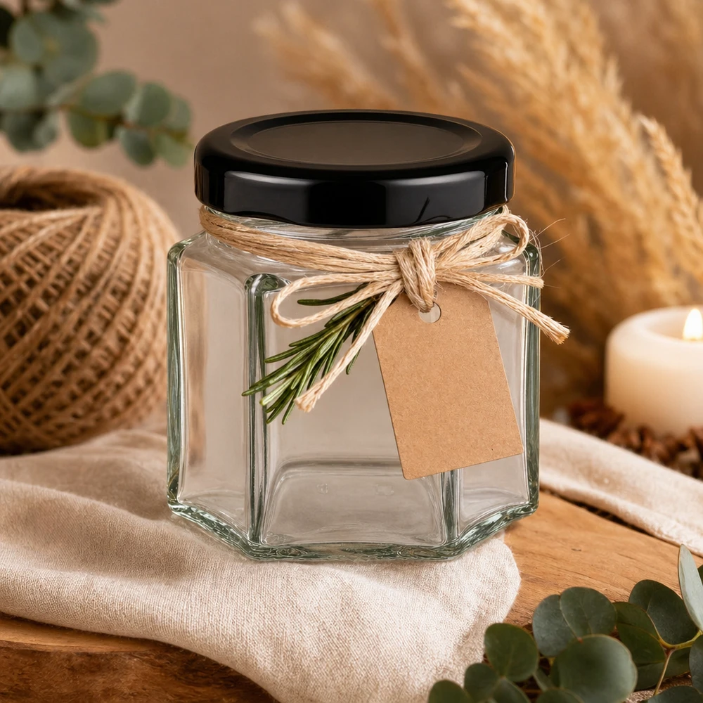 47ml hexaglas met BasicSeal deksel zwart UNiTWIST 47 ml hexa potje met zwart deksel decoratief opgemaakt met jute lint en kruidentakje als cadeauverpakking