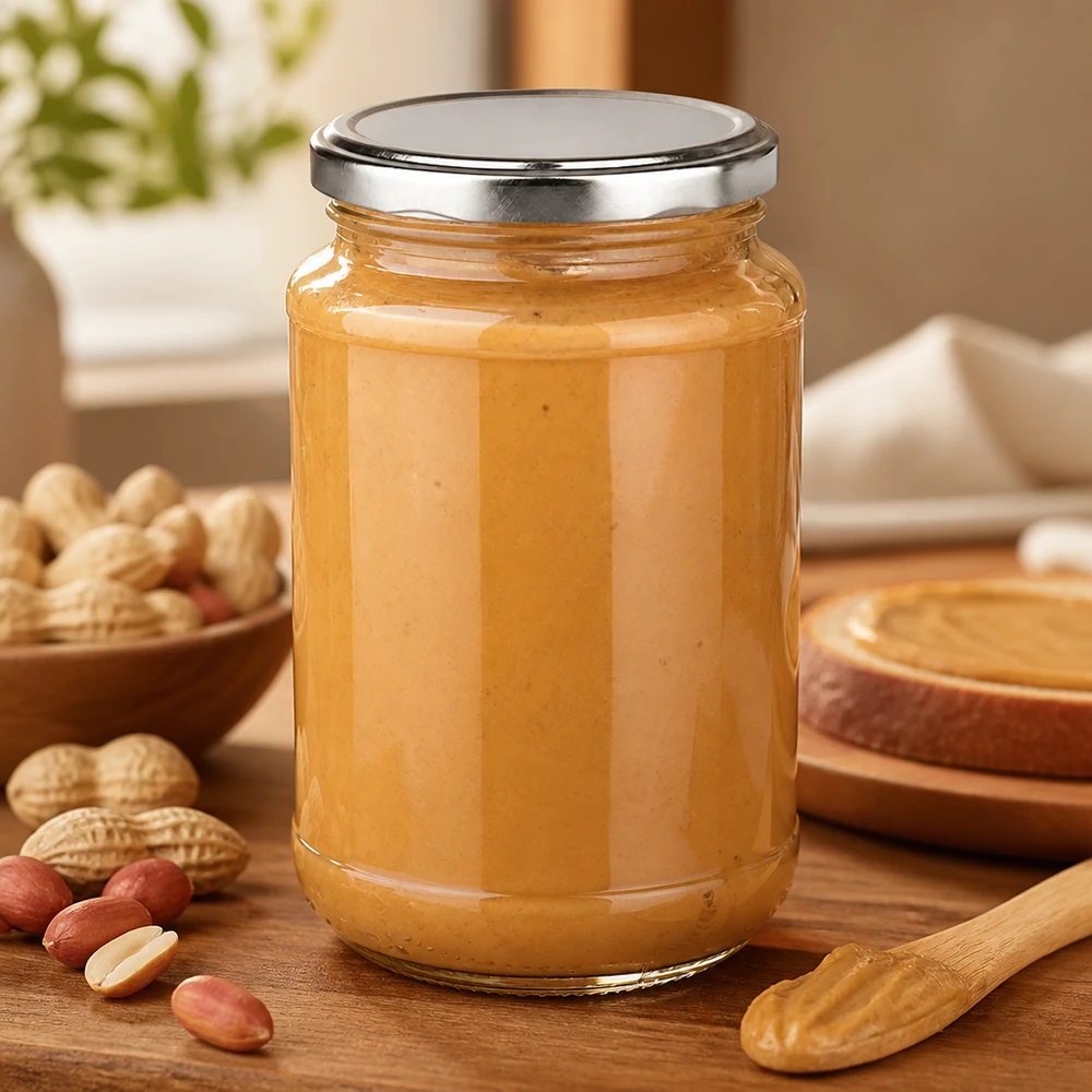 Compacte voorraadpot van 320 ml met een zilveren BasicSeal-deksel, perfect voor zelfgemaakte pindapasta