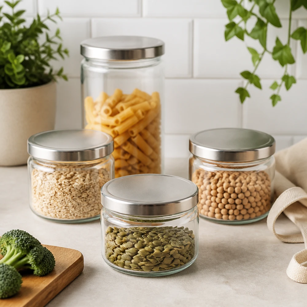 330ml ronde pot met BasicSeal deksel in moderne keuken scène met pasta linzen kikkererwten pompoenpitten voorraadpot set