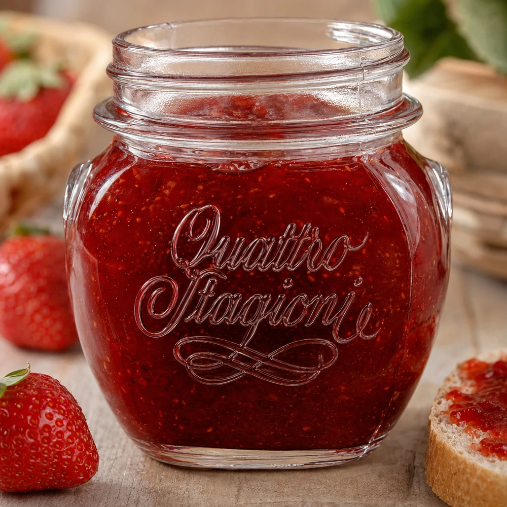 300 ml Quattro Stagioni huishoudpot gevuld met aardbeienjam naast verse aardbeien en brood op houten tafel