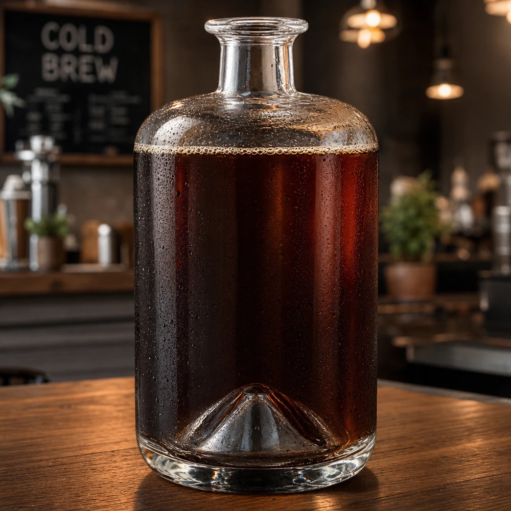 700 ml apothekersfles Sofia zonder sluiting UNiTWIST® Glasflasche Sofia 700ml mit Cold Brew Kaffee befüllt in Café-Atmosphäre zeigt vielseitige Getränke-Verwendung