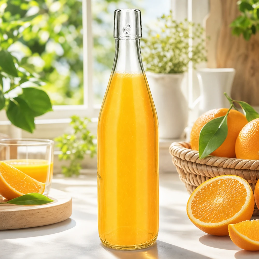 500 ml glazen fles zonder draaidop UNiTWIST 500ml UNiTWIST Glasflasche mit frischem Orangensaft auf sonniger Fensterbank mit Orangen und Glas im Landhausstil