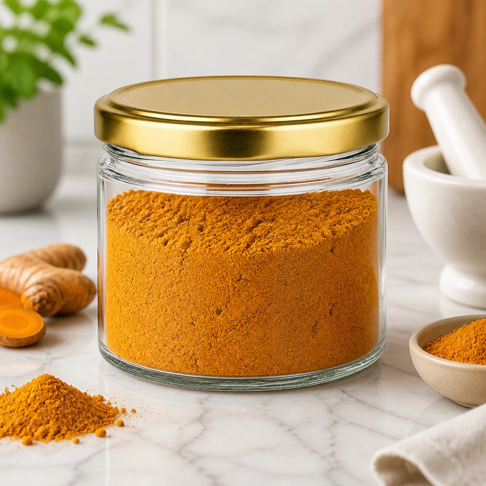 540ml rond glas met BasicSeal deksel goud UNiTWIST 540 ml ronde pot met BasicSeal deksel goud gevuld met kurkumapoeder op marmeren werkblad Sfeer van de keuken