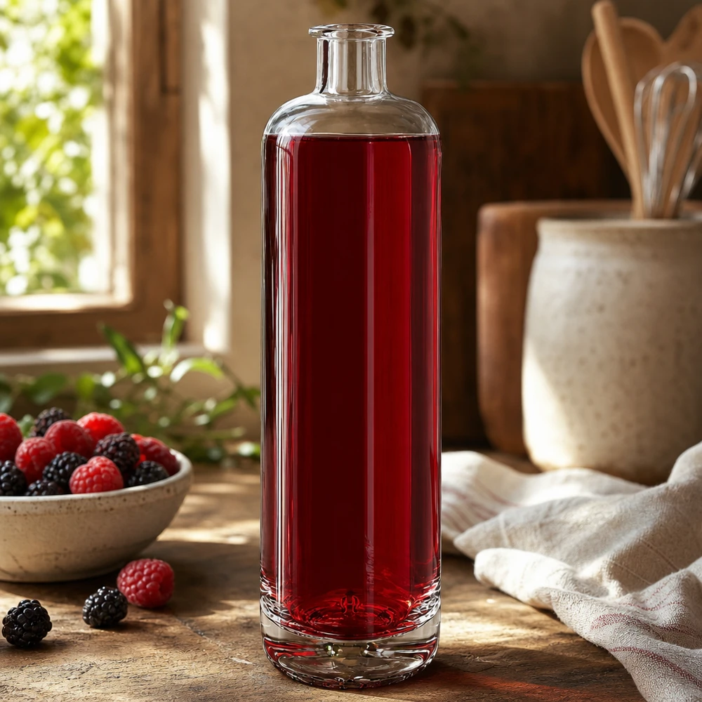 700 ml glazen fles Ella zonder sluiting UNiTWIST® 700 ml glazen fles Ella gevuld met rode bessensap naast verse frambozen en bramen in een rustieke keuken