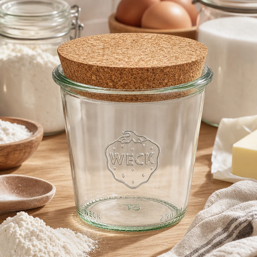 290ml stortglas hoge WECK RR80 met kurk WECK beker 290ml RR80 met kurken deksel in keuken omringd door bakingrediënten bloem eieren en melk op een houten basis